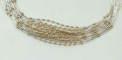 Liquid Silver Kette mit Gold Beads, Silber 925 Röhrchen und Gold Beads, Indianer Arbeit, Made in USA, 15 Stränge, 75cm