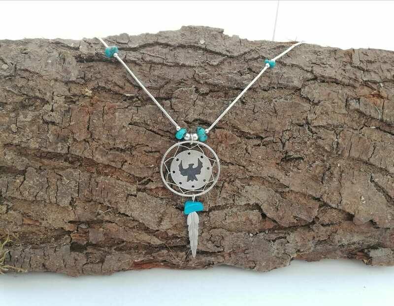 Liquid Silver Kette, 925 Sterling Silber, Adler im Dream Catcher, Feder und echten Türkis Steinen