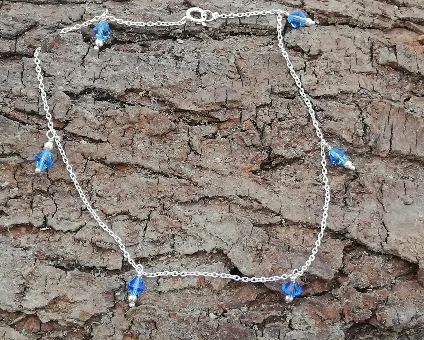 Fusskette mit blauen Strass Steinen, 925 Sterling Silber, 22 cm