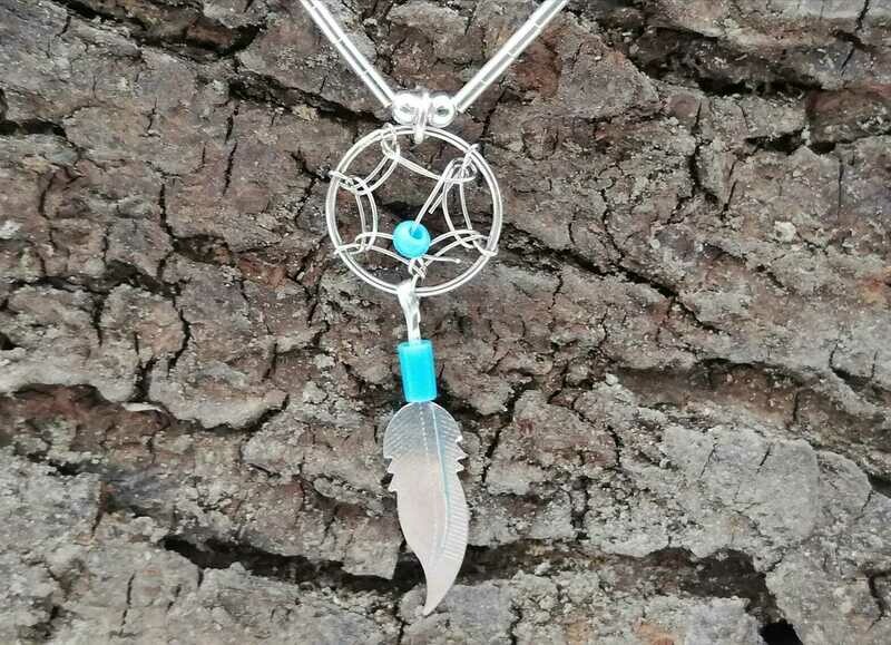 Liquid Silver Kette, 925 Sterling Silber, Dream Catcher (Träumefänger), Feder, mit Bambus und Türkis