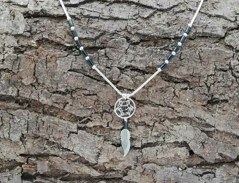 Liquid Silver Kette, 925 Sterling Silber, Dream Catcher (Träumefänger), Feder und Onyx Steinen