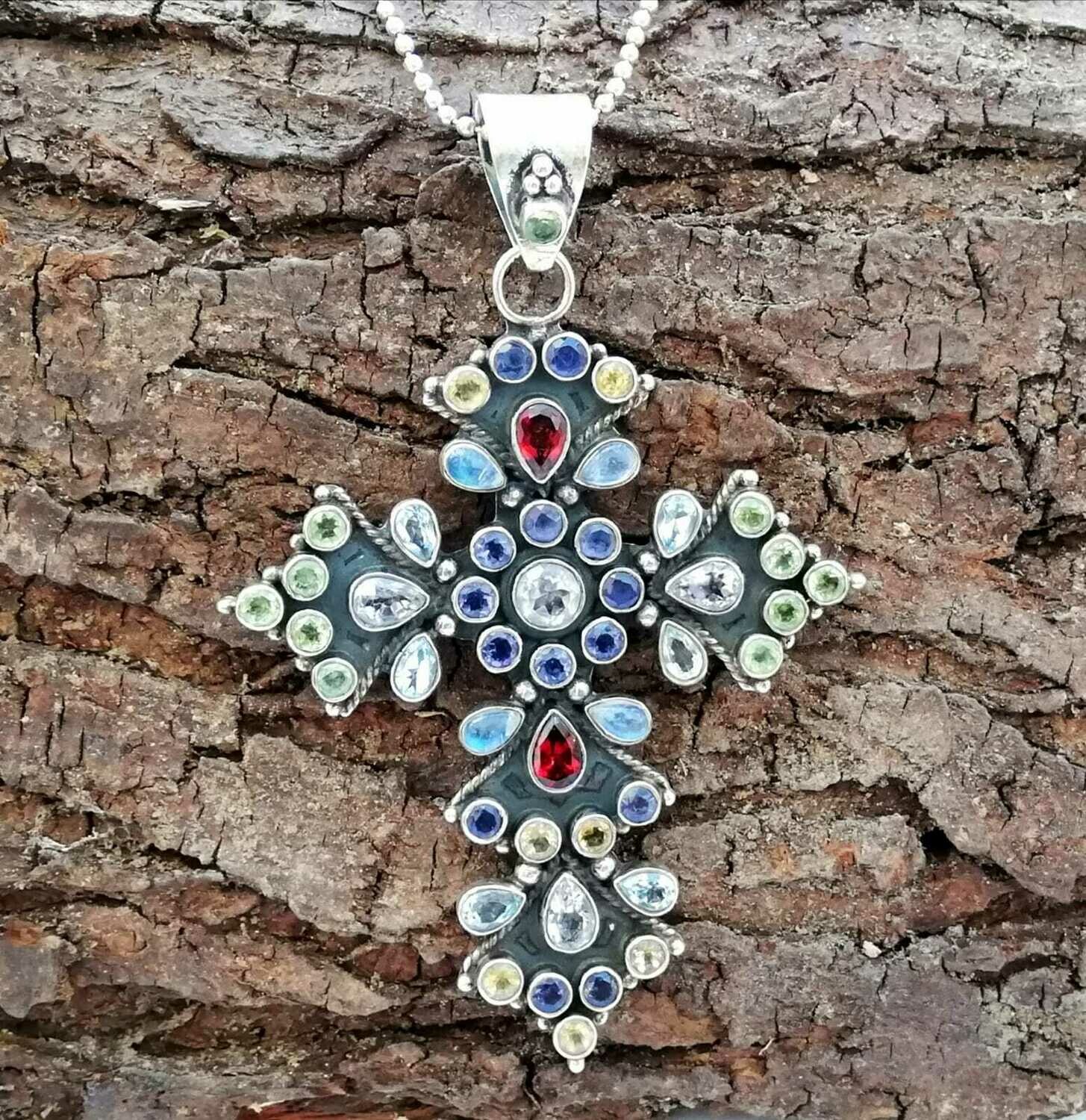 Kreuz mit Edelsteinen, Multi Stone Cross, Echt Silber 925 , traditionelle Indische Handwerkskunst,