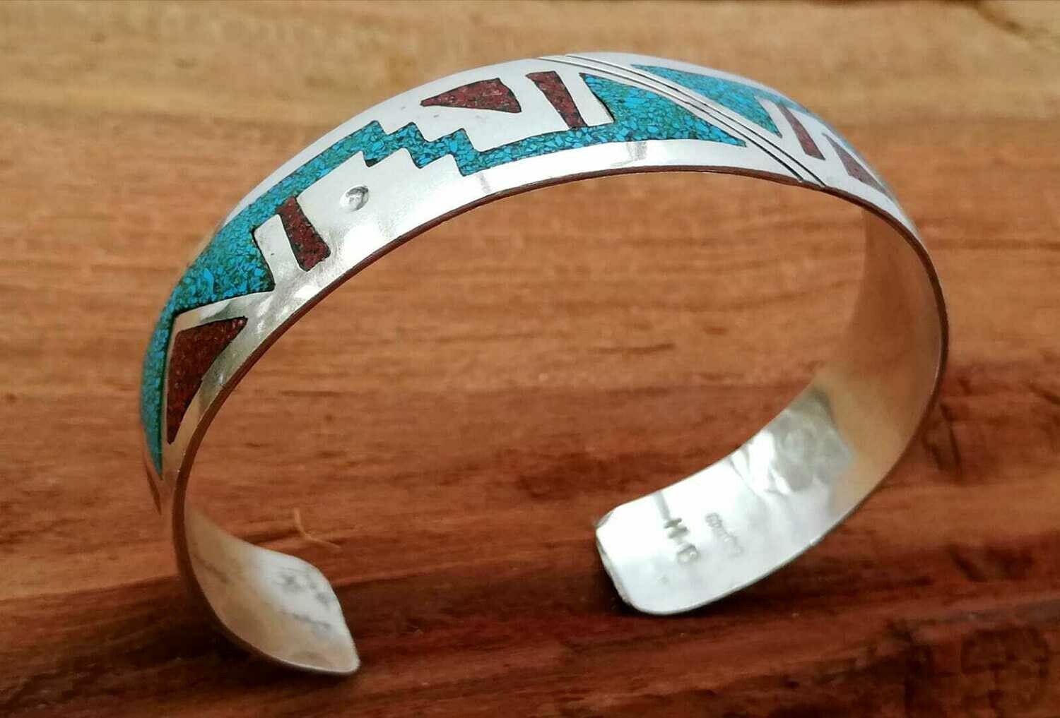Original Navajo Arm Spange Chip Inlay  mit Türkis und Koralle,  Echt Silber (925), Hergestellt von Navajo Silversmith Herbert Begay (HB),Made in USA