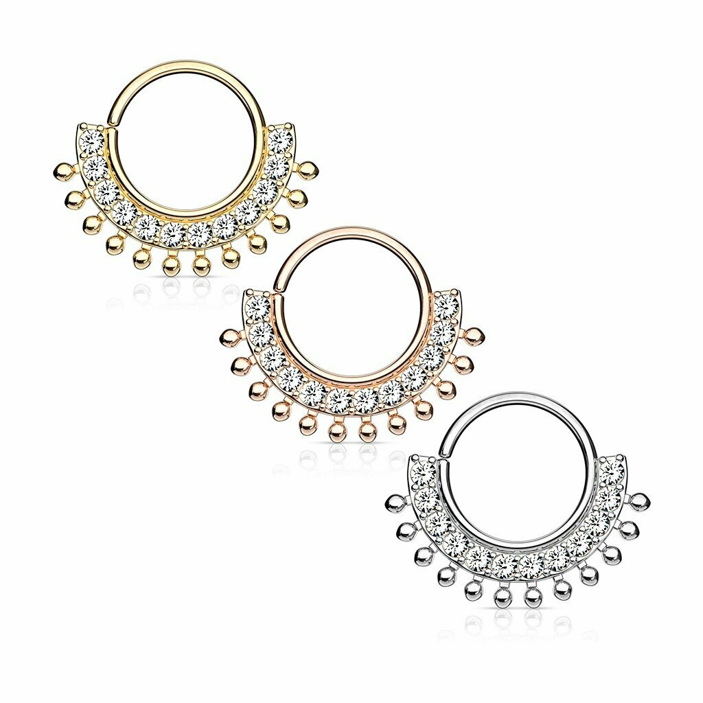 Oriental Stecker für: Septum, Tragus oder Helix 1,2 x 8mm, 316l Chirurgenstahl Brass Platiniert, mit Zirkonia Steinen