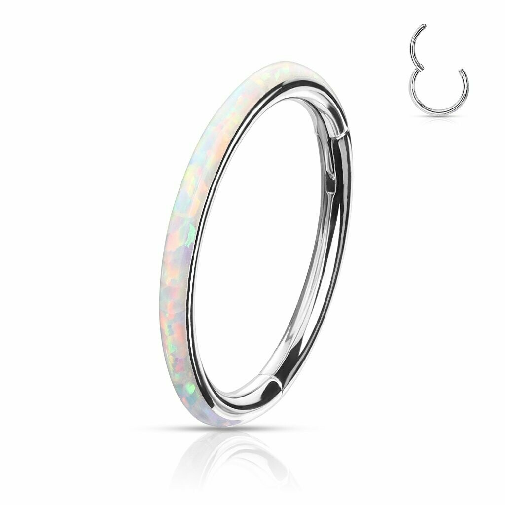 Segment Ring mit Opal Inlay: Septum, Tragus oder Helix 1,2 x 8mm, 316l Chirurgenstahl Brass Platiniert, mit Zirkonia Steinen