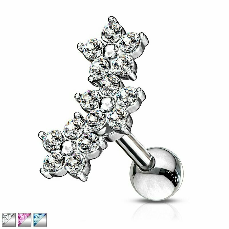 3er Blumen Kristall Stecker,
Tragus oder Helix Piercing  1,2 x 6mm, 316l Chirurgenstahl, in weiss, pink oder aquamarin