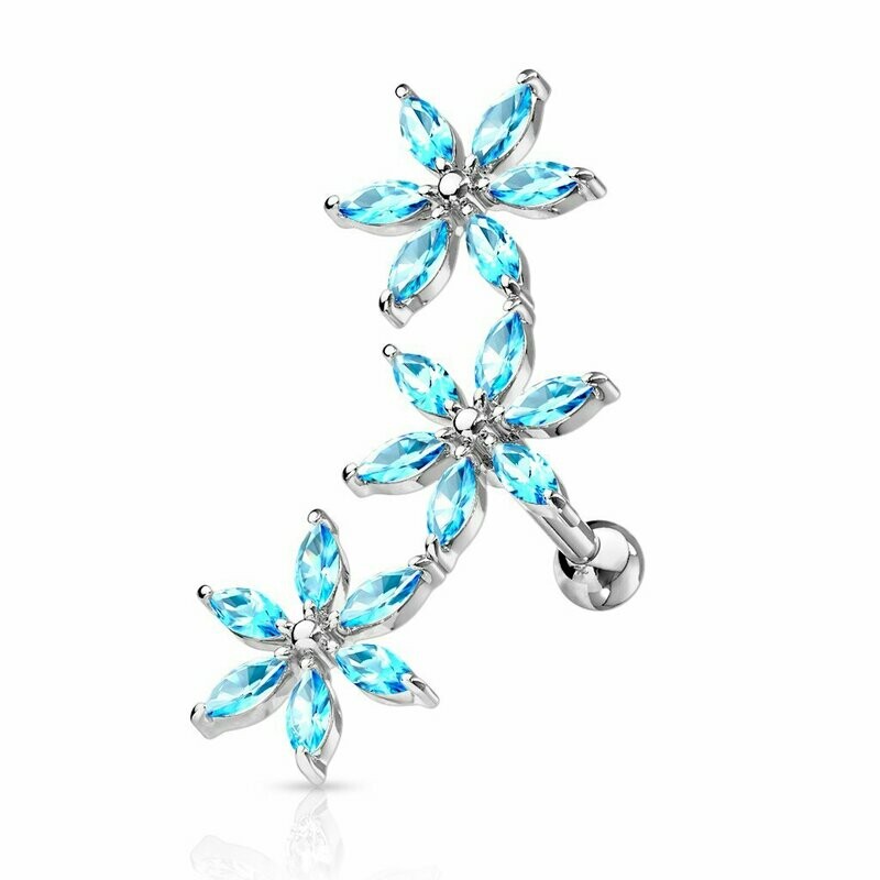 3er Blumen Marquise Kristall Stecker,
Tragus oder Helix Piercing  1,2 x 6mm, 316l Chirurgenstahl, silberfarben mit aquamarinen Zirkonia Steinen