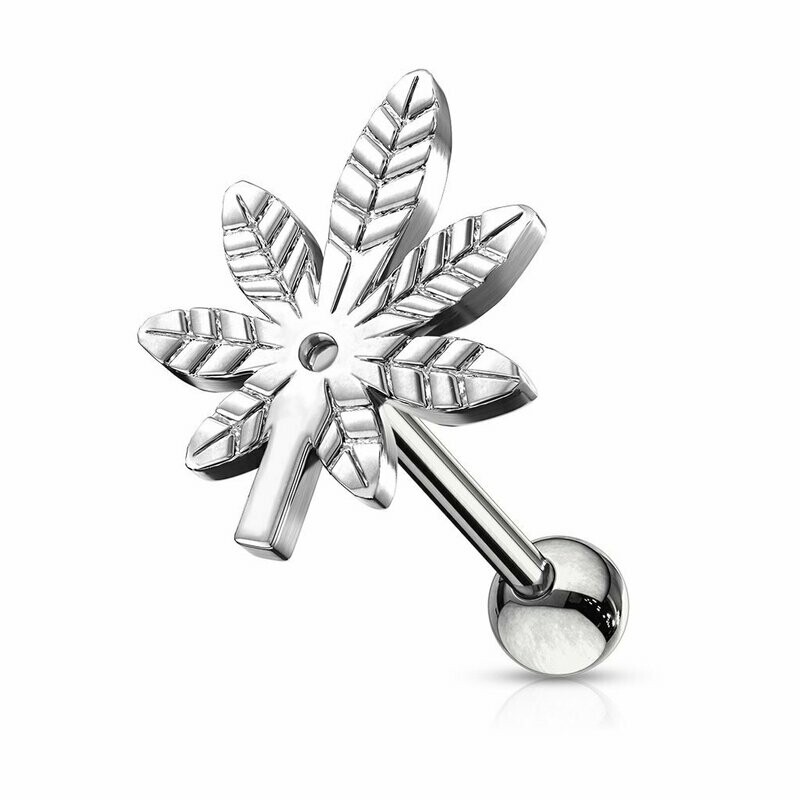 Marihuana Blatt, Ganja, Weed Stecker
Tragus oder Helix Piercing  1,2 x 6mm, 316l Chirurgenstahl