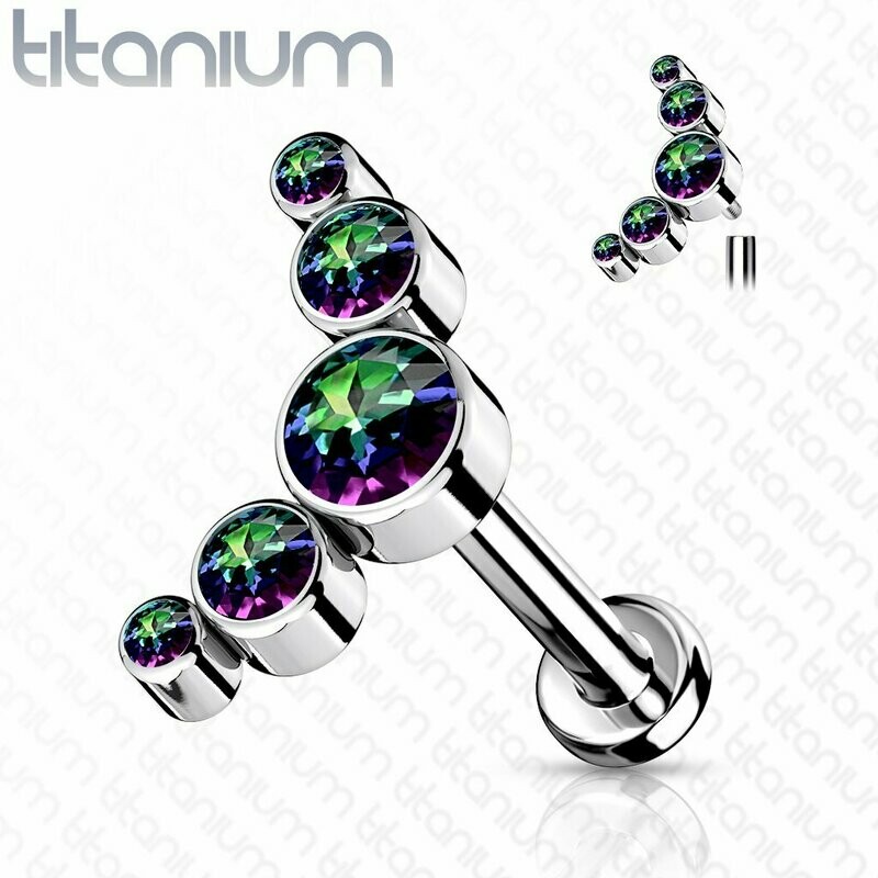 Titan Stecker, 5 Zirkonia Steinen mit Innengewinde
Tragus oder Helix Piercing  1,2 x 6mm, Implantats Titanium, Farbe der Steine: Vitrail Medium