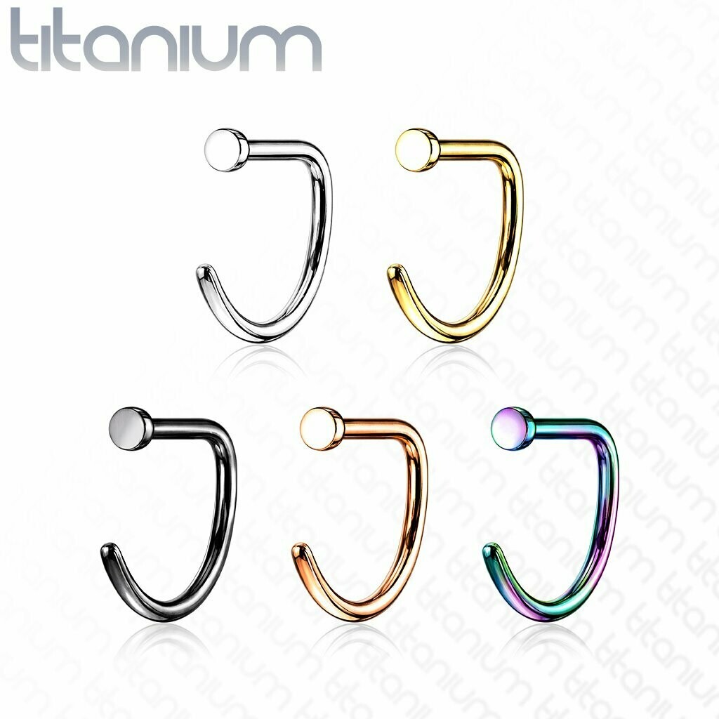 Titan Ring,  Nasenstecker,  D Form mit Platte, Titan hochpoliert Silberfarben, 0,8mm oder 1mm Stärke, 8mm oder 10mm Innendurchmesser (verstellbar)
