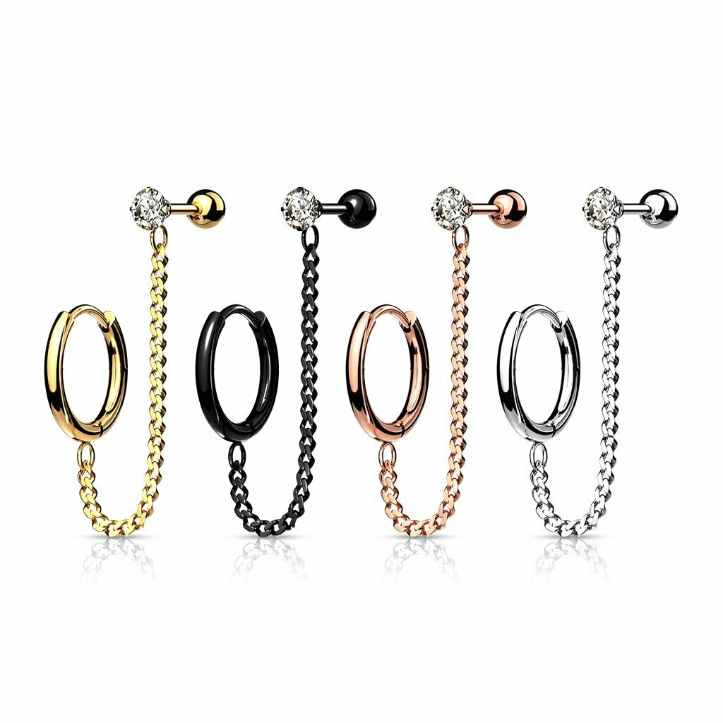 Edelstahl Creole mit Kette und Stecker (mit Zirkonia) in Silber, Schwarz, Gold, Rose Gold, 316L Chirurgenstahl