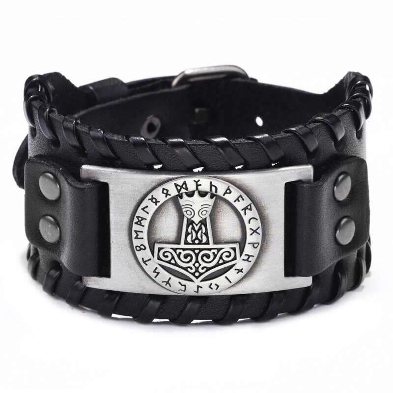 Mjölnir, Thors Hammer mit Runen. Viking Collection, Lederarmband schwarz mit dem Hammer des Thor. Universell verstellbar.