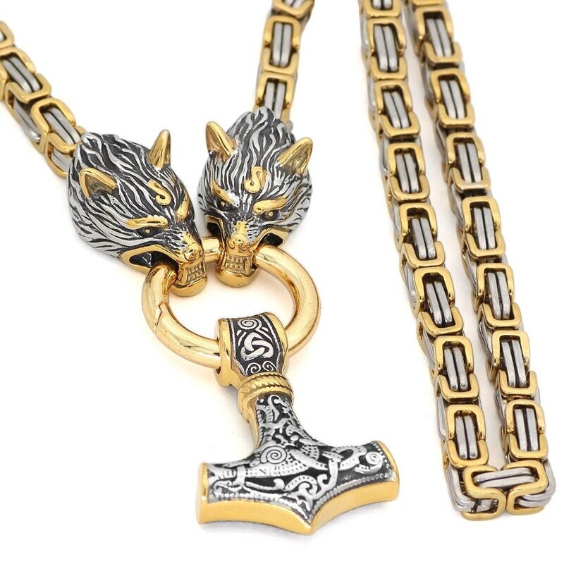 Wolfkopfskette , massive Königskette aus Edelstahl mit Thors Hammer Anhänger. Gold/Silber farben. Länge 60 cm. Viking Collection Wikinger Saga Wolfkopfskette , massive Königskette aus Edelstahl mit Thors Hammer Anhänger. Gold/Silber farben. Länge 60 cm. Viking Collection Wikinger Saga