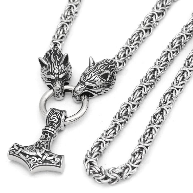 Wolfkopfskette , massive Königskette aus Edelstahl mit Thors Hammer Anhänger. Silber farben. Länge 60 cm. Viking Collection Wikinger Saga Wolfkopfskette , massive Königskette aus Edelstahl mit Thors Hammer Anhänger. Silber farben. Länge 60 cm. Viking Collection Wikinger Saga