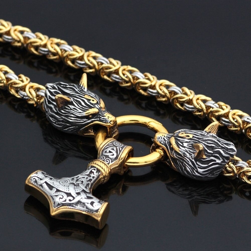 Wolfkopfskette , massive Königskette(handgefertigt in Rund), aus Edelstahl mit Thors Hammer Anhänger. Gold/Silber farben. Länge 60 cm. Viking Collection Wikinger Saga