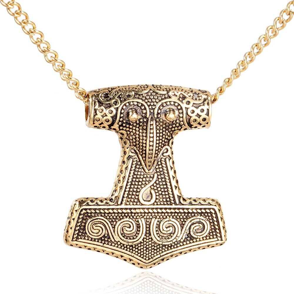 Mjölnir, Thors Hammer an einer 60 cm langen Edelstahlkette in Gold. Massiv und schwer, beidseitig tragbar.
