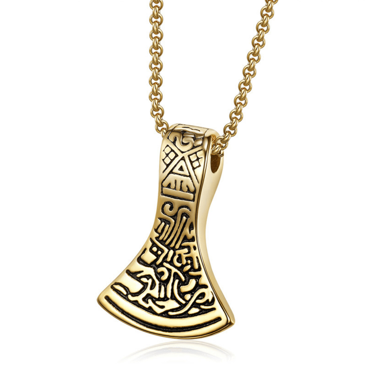 Mjölnir, Thors Hammer an einer 60 cm langen Edelstahlkette in Gold. Massiv und schwer, beidseitig tragbar.
