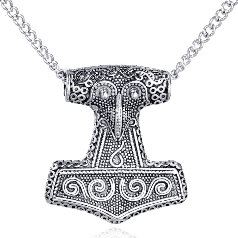 Mjölnir, Thors Hammer an einer 60 cm langen Edelstahlkette . Massiv und schwer, beidseitig tragbar.
