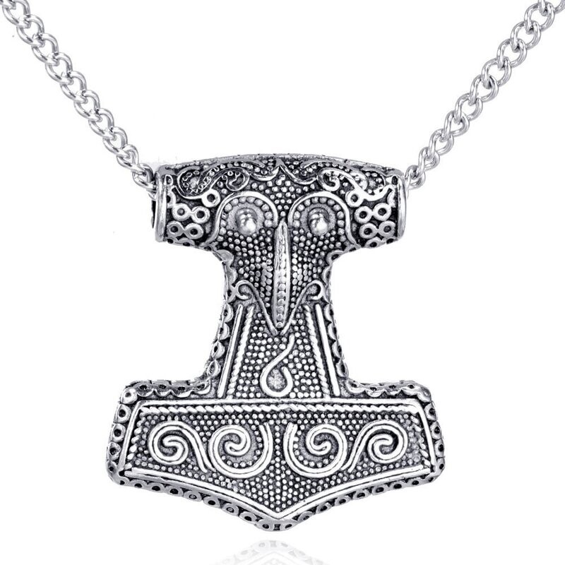 Mjölnir, Thors Hammer an einer 60 cm langen Edelstahlkette . Massiv und schwer, beidseitig tragbar.