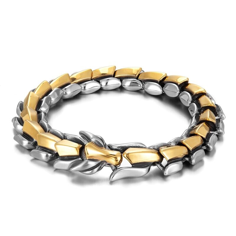 Niddhögr der Wikinger Drache. Viking Collection, Edelstahl  Armband mit dem schlangenartigen Wikinger Drachen. 316L Chirurgenstahl in Silber und Gold. Länge 20 cm