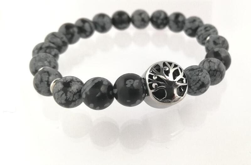 Aromatherapie Armband mit echten Steinen, hier der  Schneeflocken Obsidian  und Lebensbaum