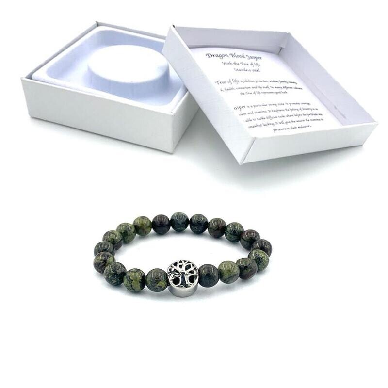 Aromatherapie Armband mit echten Steinen, hier der wunderschöne Drachenblut Jaspis und Lebensbaum