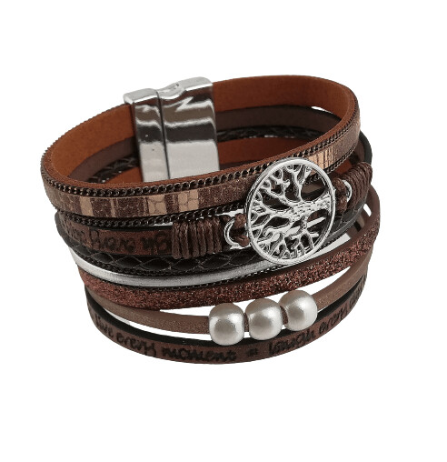 Extra Breit, Lebensbaum Armband, mit raffiniertem Magnetverschluss,  PU Leder Naturfarben, länge ca. 19cm