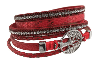 Rot doppelt, Lebensbaum Armband, mit raffiniertem Magnetverschluss, PU Leder Rot, doppelt gewickelt, länge ca. 19cm