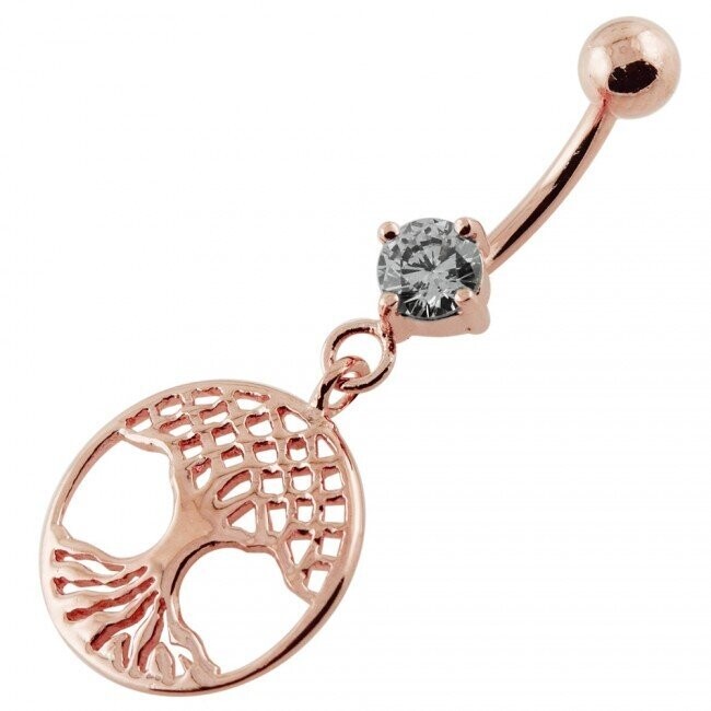 Lebensbaum Bauchnabel Piercing , Echt Silber Anhänger, Rose vergoldet mit 316L Chirurgenstahl Stab in 10mm