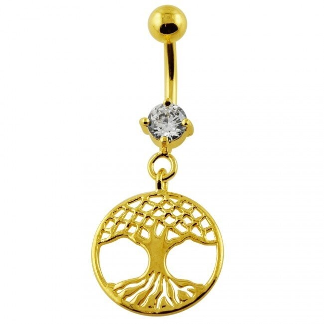 Lebensbaum Bauchnabel Piercing , Echt Silber Anhänger,  vergoldet mit 316L Chirurgenstahl Stab in 10mm