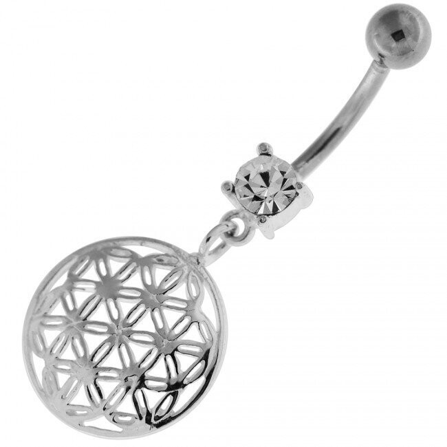 Lebensblume Bauchnabel Piercing , Echt Silber Anhänger,   mit 316L Chirurgenstahl Stab in 10mm