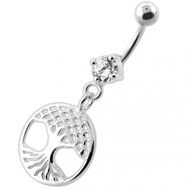 Lebensbaum Bauchnabel Piercing , Echt Silber Anhänger,   mit 316L Chirurgenstahl Stab in 10mm
