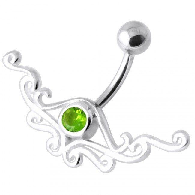 Tribal in Grün, Peridot Tribal,  Bauchnabel Piercing , Echt Silber Anhänger,   mit 316L Chirurgenstahl Stab in 10mm