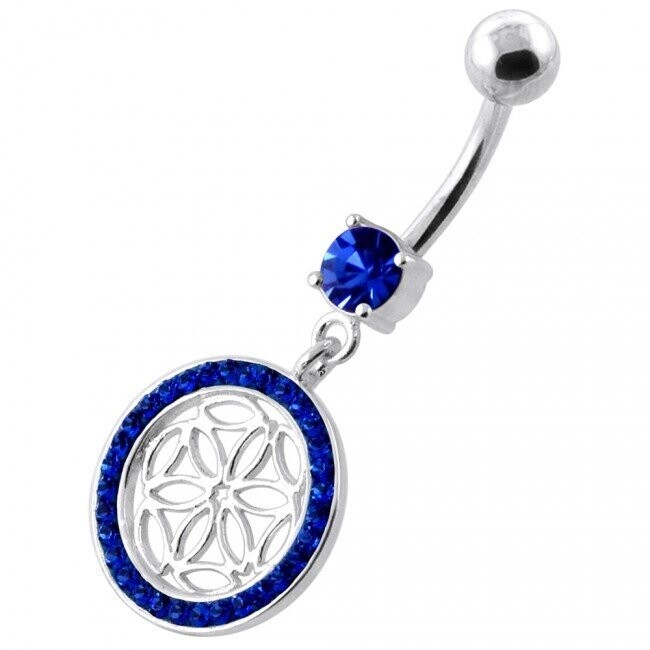 Lebensblume Bauchnabel Piercing , Echt Silber Anhänger,   mit 316L Chirurgenstahl Stab in 10mm