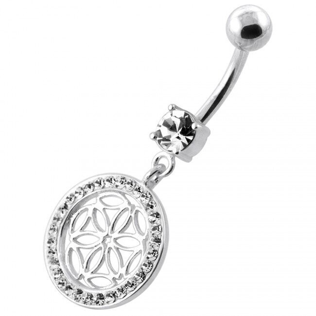 Lebensblume Bauchnabel Piercing , Echt Silber Anhänger,   mit 316L Chirurgenstahl Stab in 10mm