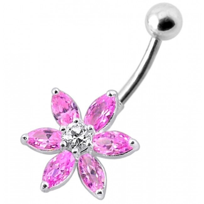 Blume, Pink Flower,  Bauchnabel Piercing , Echt Silber Anhänger,   mit 316L Chirurgenstahl Stab in 10mm