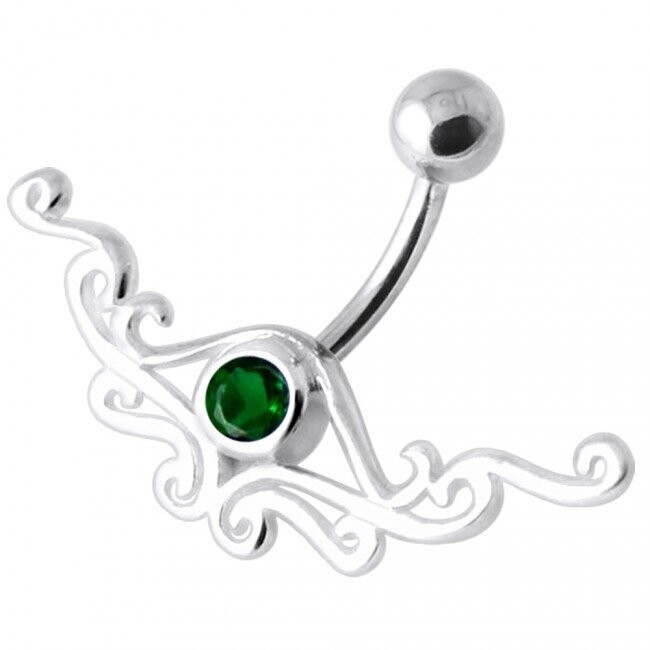 Tribal in Dunkelgrün, Emerald Tribal,  Bauchnabel Piercing , Echt Silber Anhänger,   mit 316L Chirurgenstahl Stab in 10mm