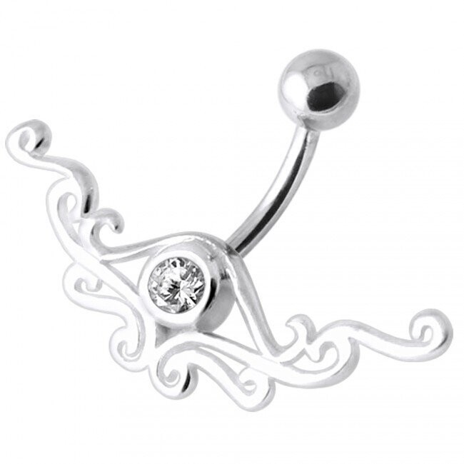 Tribal in Weiss, Crystal Clear Tribal,  Bauchnabel Piercing , Echt Silber Anhänger,   mit 316L Chirurgenstahl Stab in 10mm