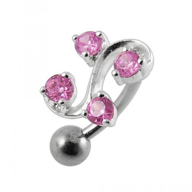 Elegant mit 4 Zirkonias, Upperside  Bauchnabel Piercing , Echt Silber Anhänger,   mit 316L Chirurgenstahl Stab in 10mm