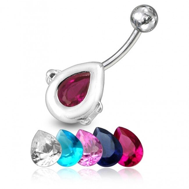 Tropfenförmiges Steinwechsel Bauchnabel Piercing , Echt Silber Anhänger,   mit 316L Chirurgenstahl Stab in 10 mm