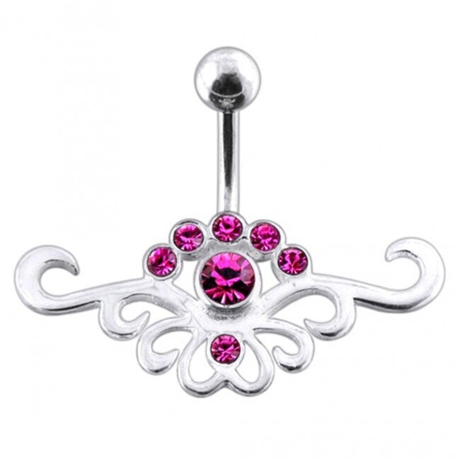 Tribal mit 7 Steinen in Pink, Bauchnabel Piercing , Echt Silber Anhänger,   mit 316L Chirurgenstahl Stab in 10 mm