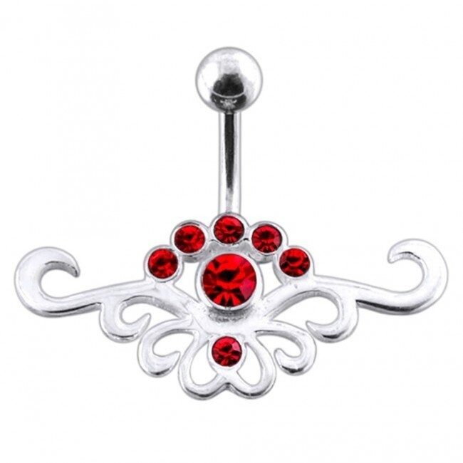 Tribal mit 7 Steinen in Rot, Bauchnabel Piercing , Echt Silber Anhänger,   mit 316L Chirurgenstahl Stab in 12 mm