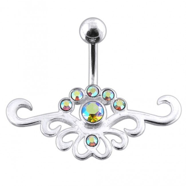 Tribal mit 7 Steinen in Regenbogen (AB), Bauchnabel Piercing , Echt Silber Anhänger,   mit 316L Chirurgenstahl Stab in 10 mm
