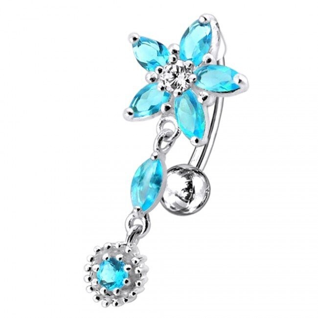Bewegliche kleine Blume,   Upperside, Bauchnabel Piercing , Echt Silber Anhänger,   mit 316L Chirurgenstahl Stab in 10 mm