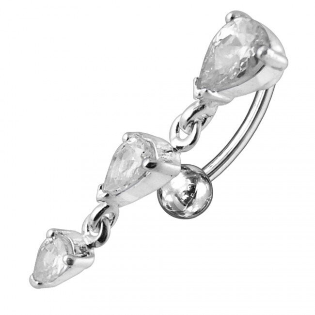 Drei Tropfen in Weiß,   Upperside, Bauchnabel Piercing , Echt Silber Anhänger,   mit 316L Chirurgenstahl Stab in 8 mm