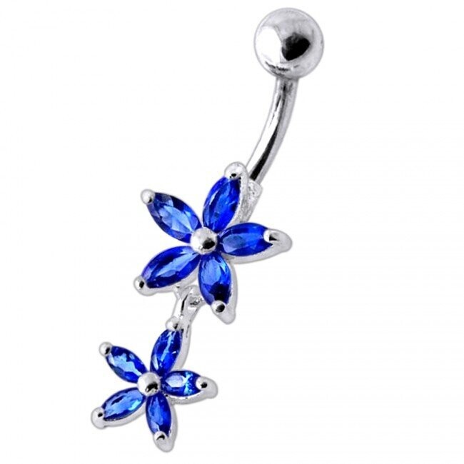Doppelblume, Bauchnabel Piercing , Echt Silber Anhänger,   mit 316L Chirurgenstahl Stab in 10 mm