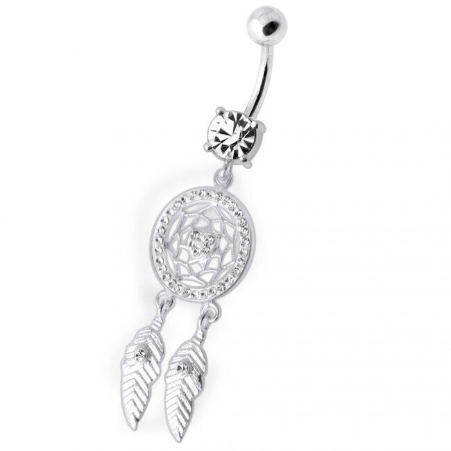 Traumfänger, Dreamcatcher, Bauchnabel Piercing , Echt Silber Anhänger,   mit 316L Chirurgenstahl Stab in 10 mm