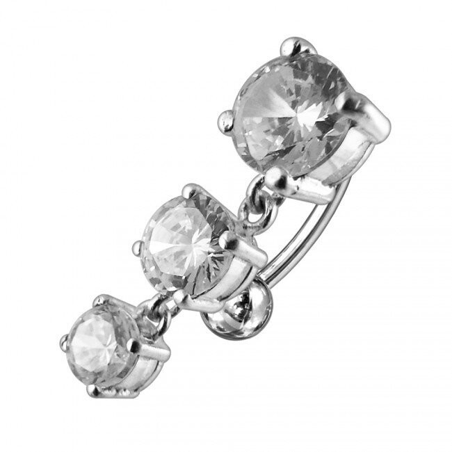 Three Stone beweglich in Weiß (Crystal Clear),  Upperside, Bauchnabel Piercing , Echt Silber Anhänger,   mit 316L Chirurgenstahl Stab in 10 mm