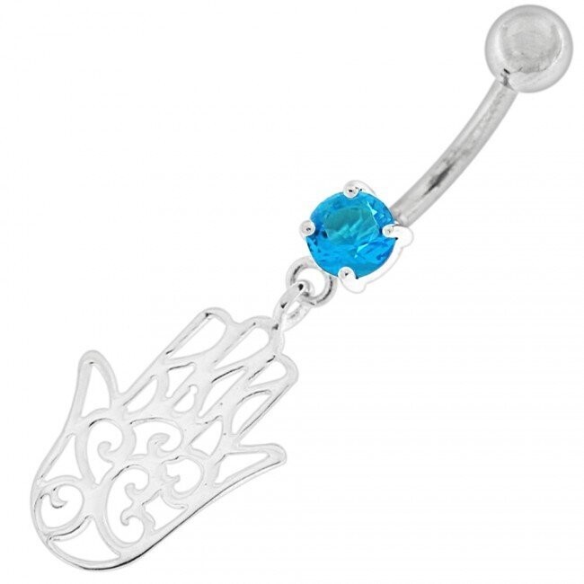 Hand von Fatima, Bauchnabel Piercing , Echt Silber Anhänger,   mit 316L Chirurgenstahl Stab in 10 mm