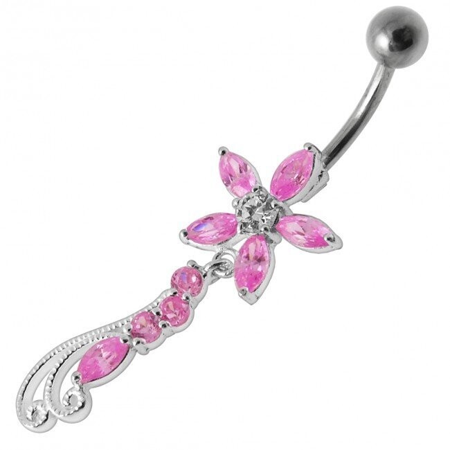 Filigrane bewegliche Blume, Bauchnabel Piercing , Echt Silber Anhänger,   mit 316L Chirurgenstahl Stab in 10 mm